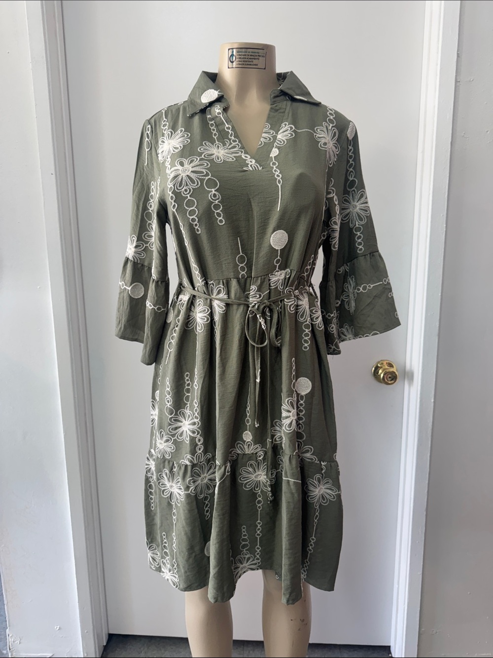 Tie-Waist Olive Green Floral Midi Dress